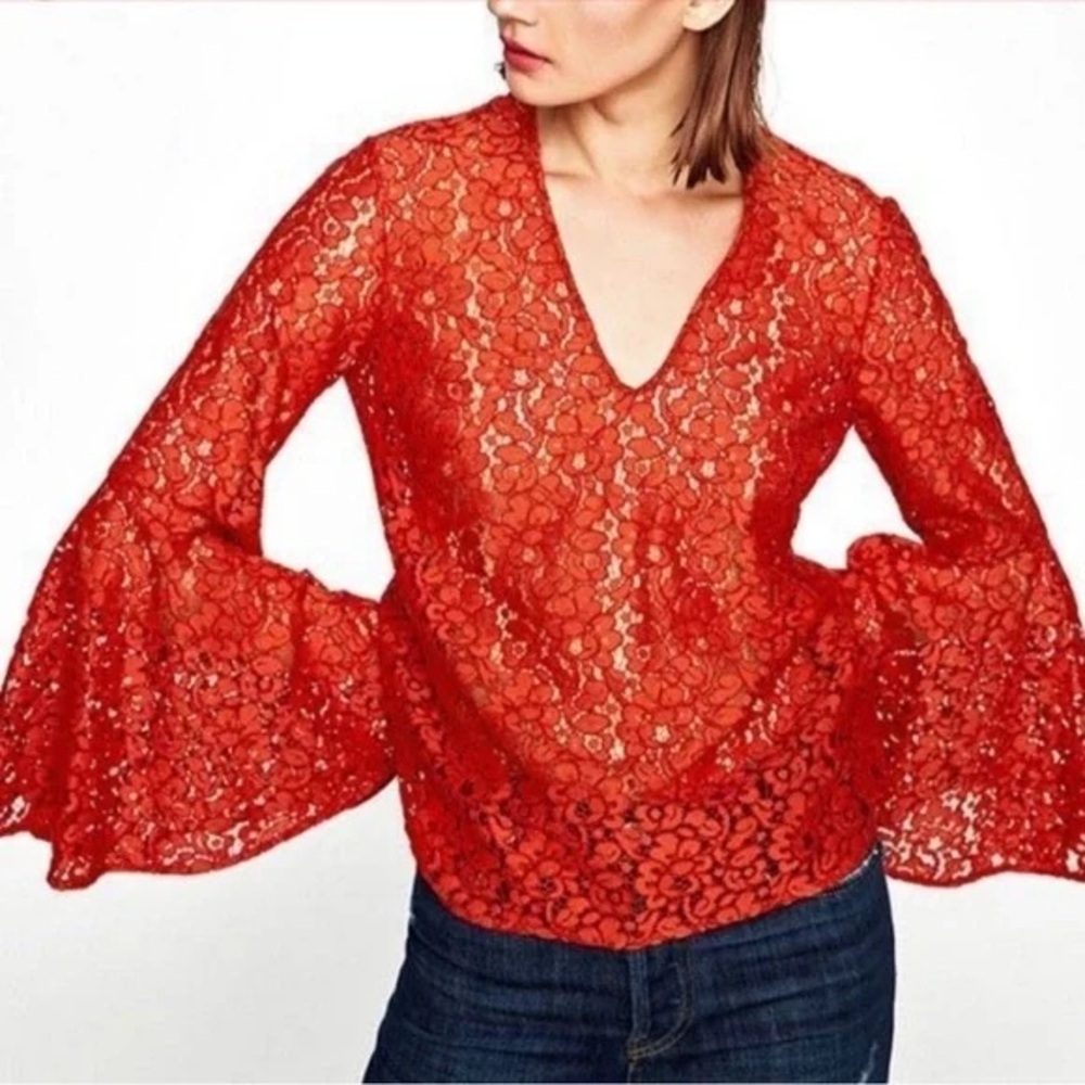 Zara | Burnt Orange Floral V-NeckLace Blouse With Bell Sleeves Whimsical Small